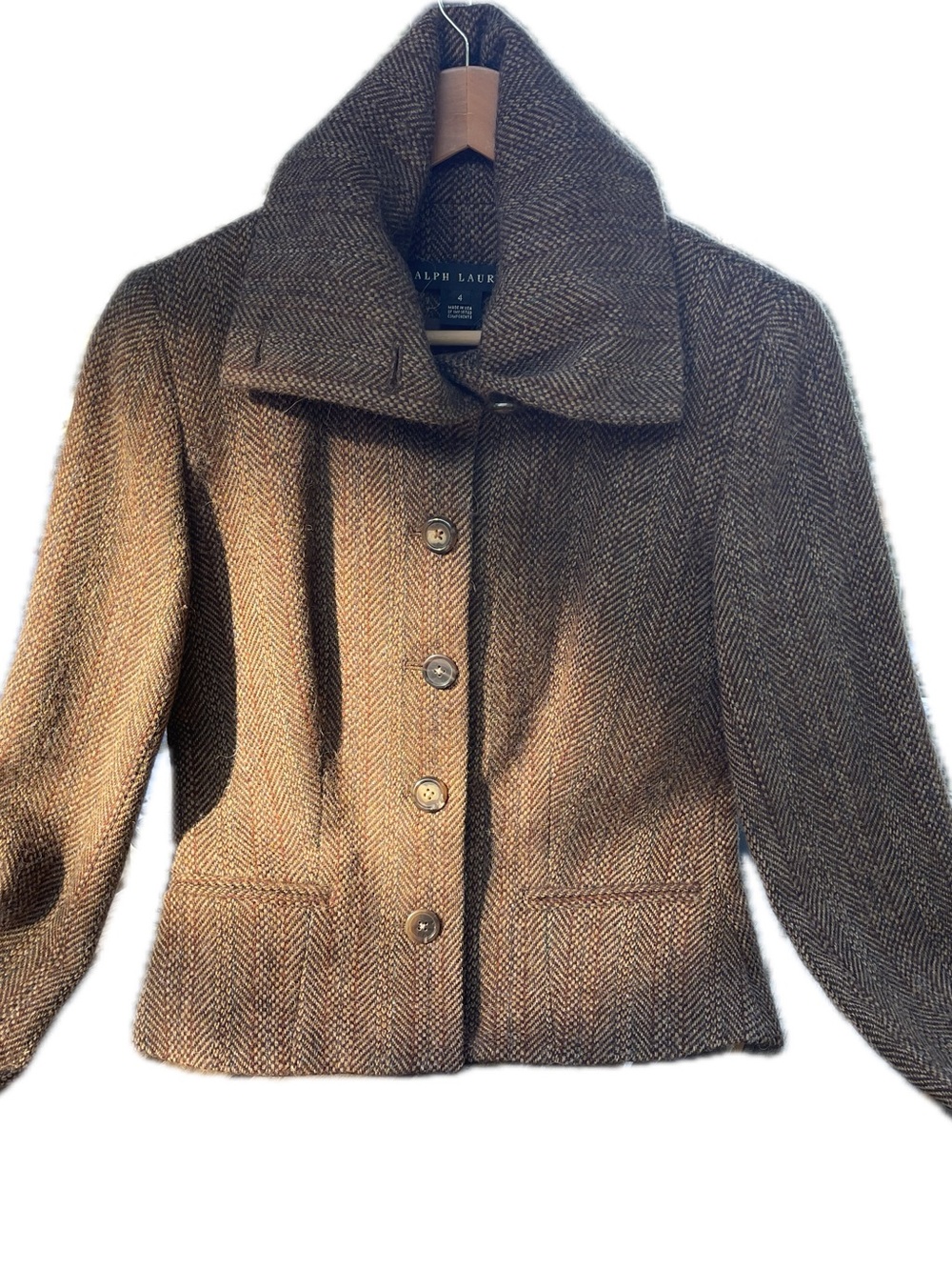 Ralph Lauren Brown Herringbone Wool-Blend Button Jacket